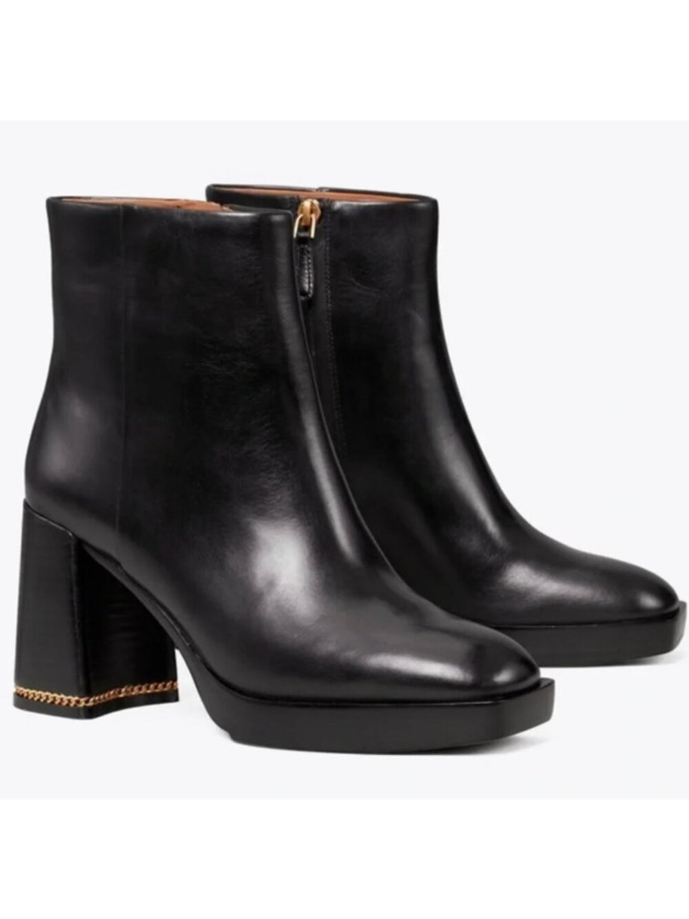 Tory Burch Ruby Block Heel Leather Booties Chain Link Size 8.5 Black 90mm